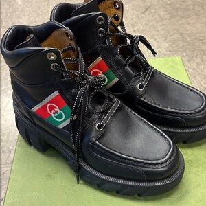 Gucci Men's Black Leather Interlocking GG Combat Ankle Boots